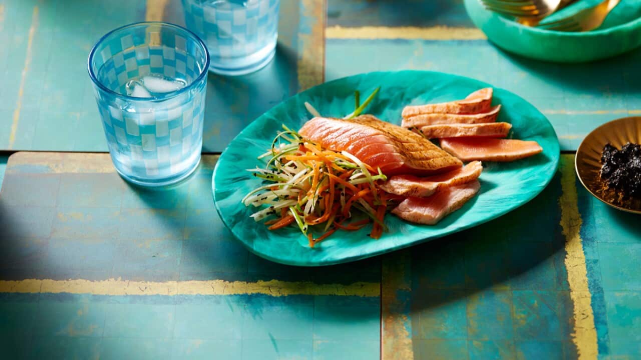 Salmon belly sashimi, pickled nori, daikon and carrot salad