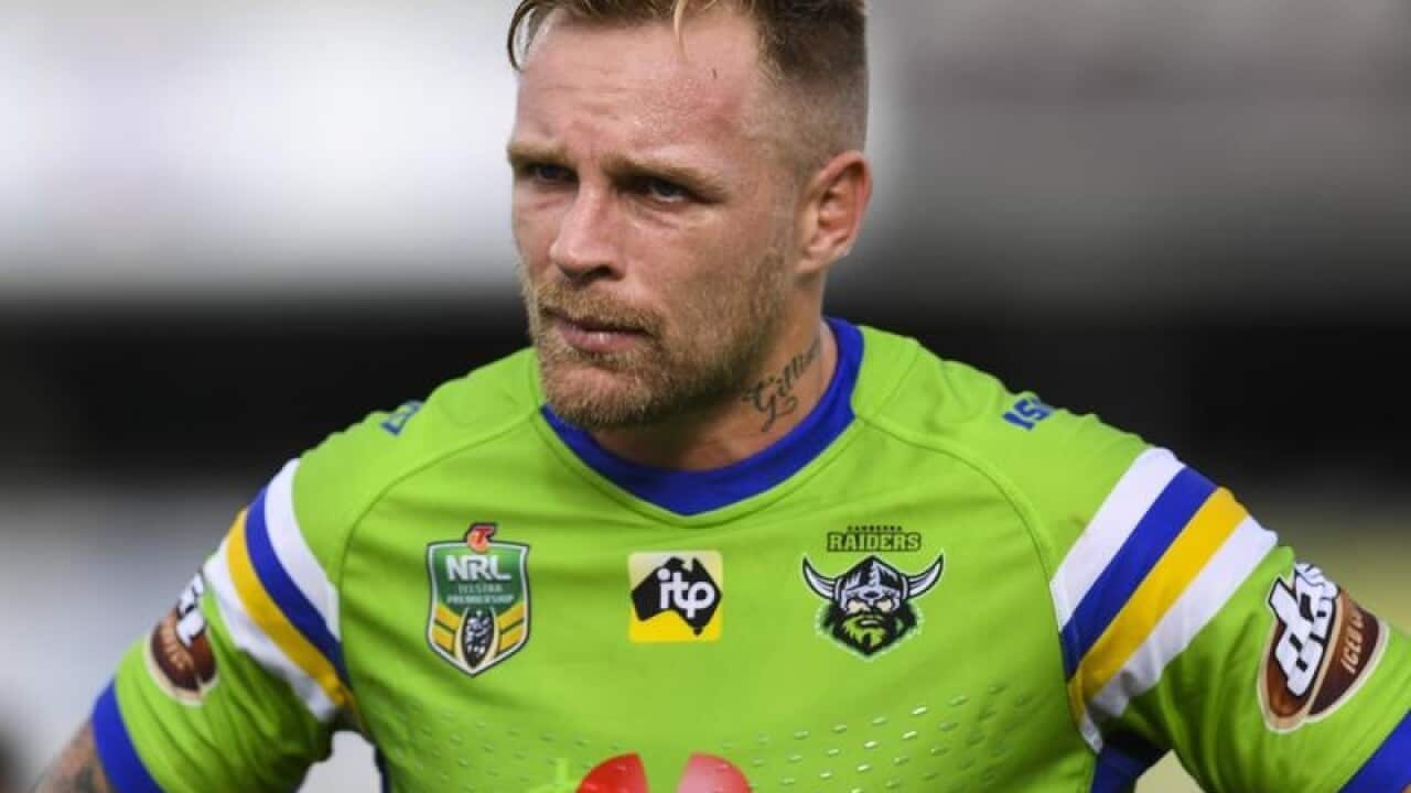 Blake Austin of the Raiders reacts after losing an NRL match.