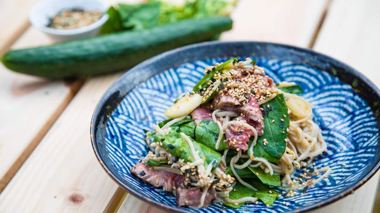 Soba noodle beef salad