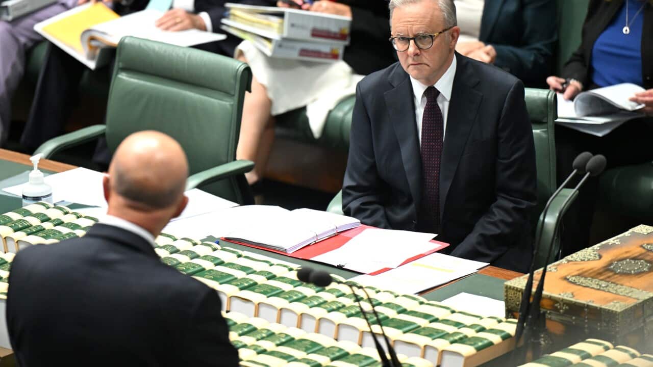 Opposition leader Peter Dutton speaks in the House of Representatives. Prime Minister Anthony Albanese is seated opposite him.