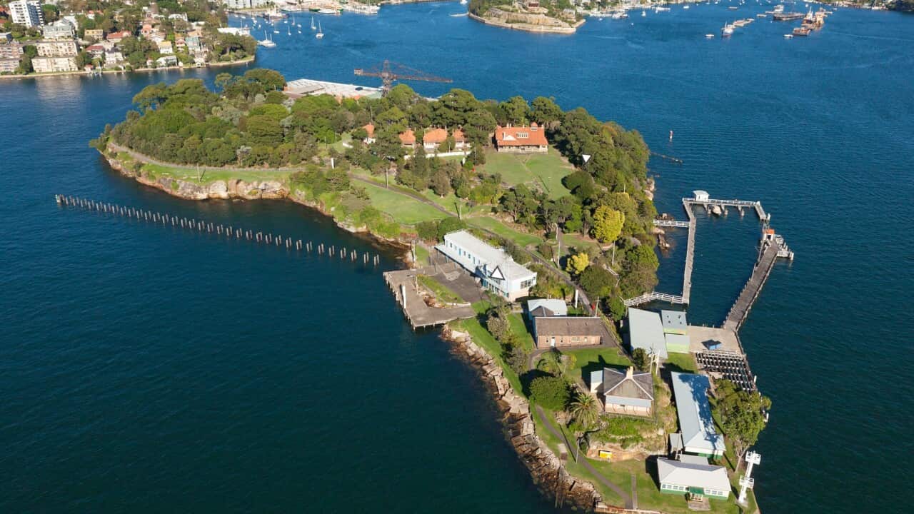 A supplied image obtained on Sunday, May 29, 2022, shows an aerial view of Me-Mel (Goat Island), Sydney Harbour, Sydney. (AAP Image/Supplied by David Finnegan/DPE) NO ARCHIVING, EDITORIAL USE ONLY