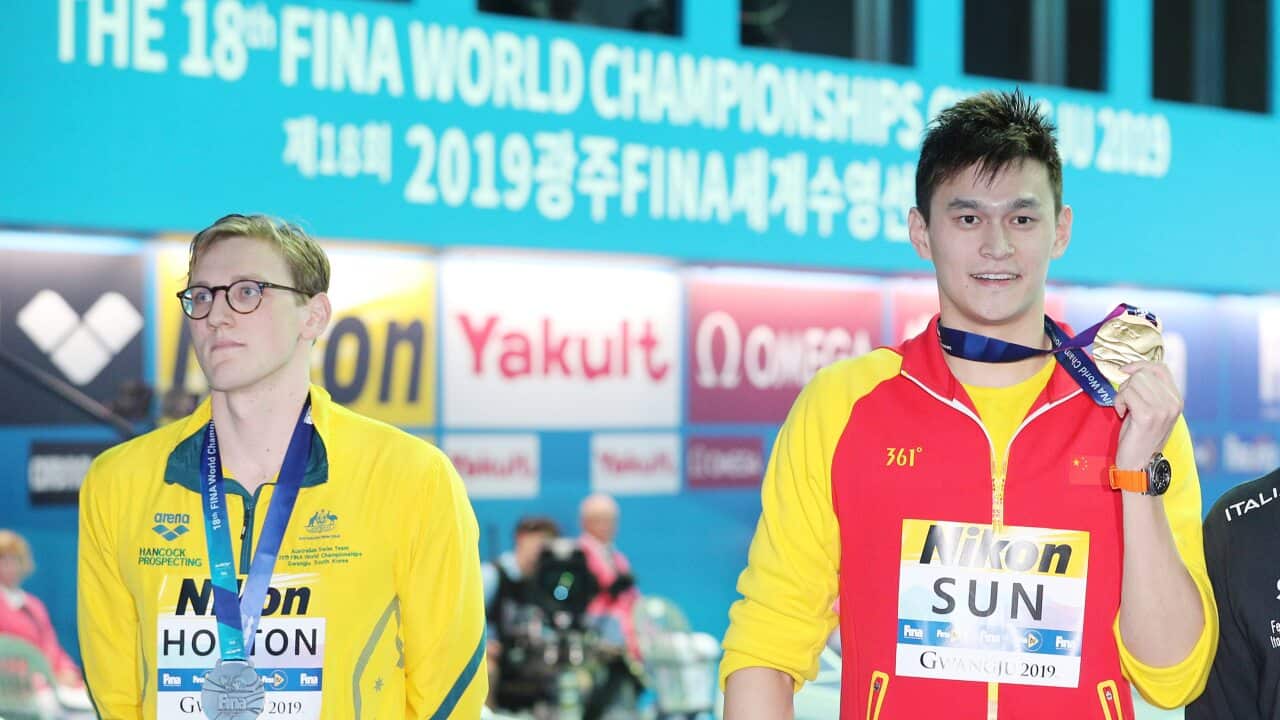 Mack Horton rejects taking a photo with Sun Yang of China during an awarding ceremony of the Men's 400m Freestyle at the FINA World Championships.