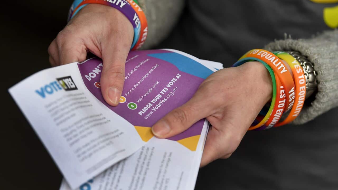 A supporter of same-sex marriage hands out pamphlets outside the High Court in Melbourne on September 7, 2017.