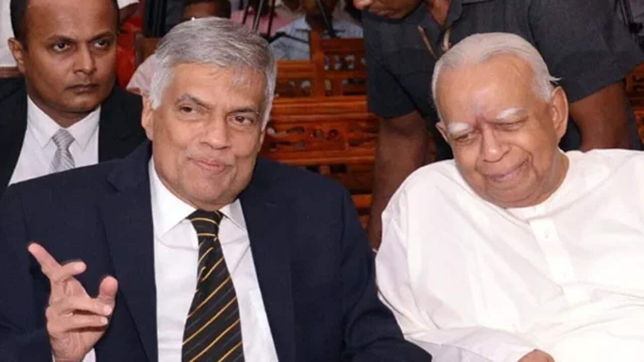 Sri Lankan President Ranil Wickramasinghe with a Tamil leader, R Sampanthan