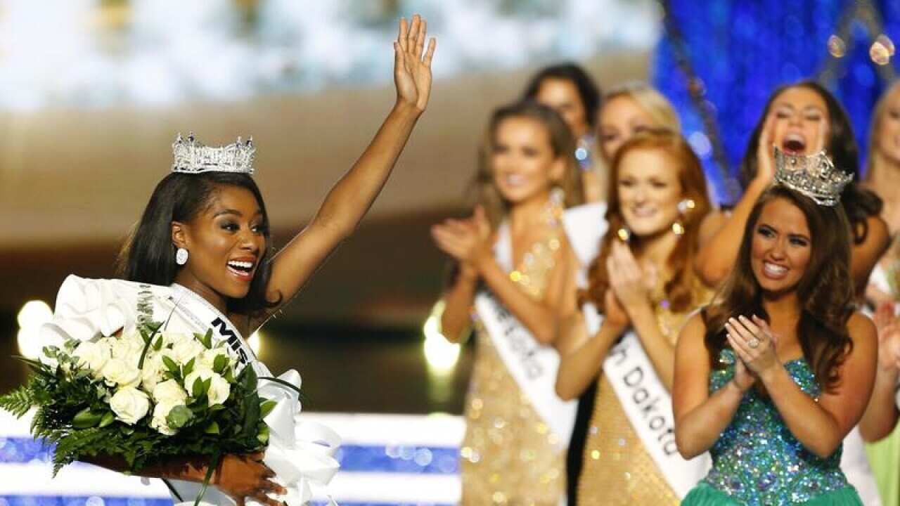 Miss New York Nia Franklin reacts after being named Miss America 2019.