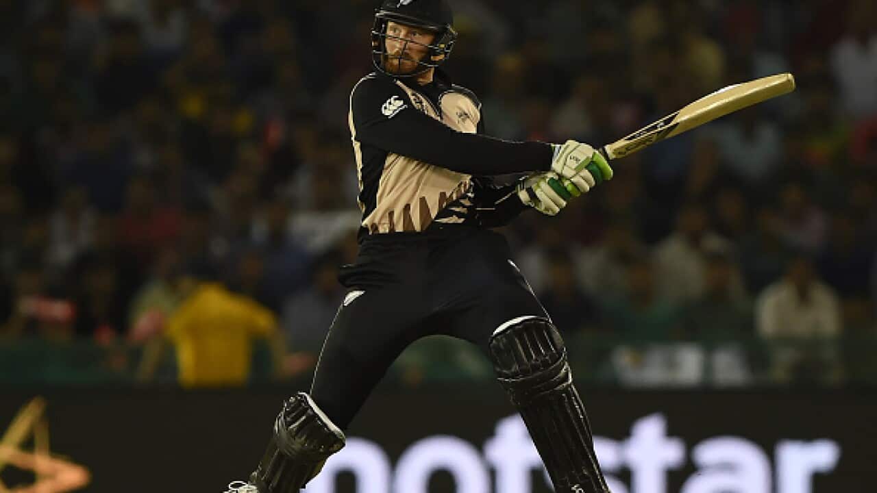New Zealand's Martin Guptill plays a shot during the World T20 cricket match between New Zealand and Pakistan at the Punjab Cricket Stadium Association Stadium in Mohali