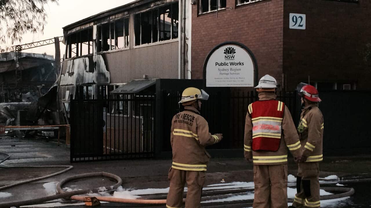 The scene of a fire at an industrial complex in Alexandria, Sydney. Four people were rescued and another 14 evacuated. It is thought the building was used illegally to house backpackers. (AAP)