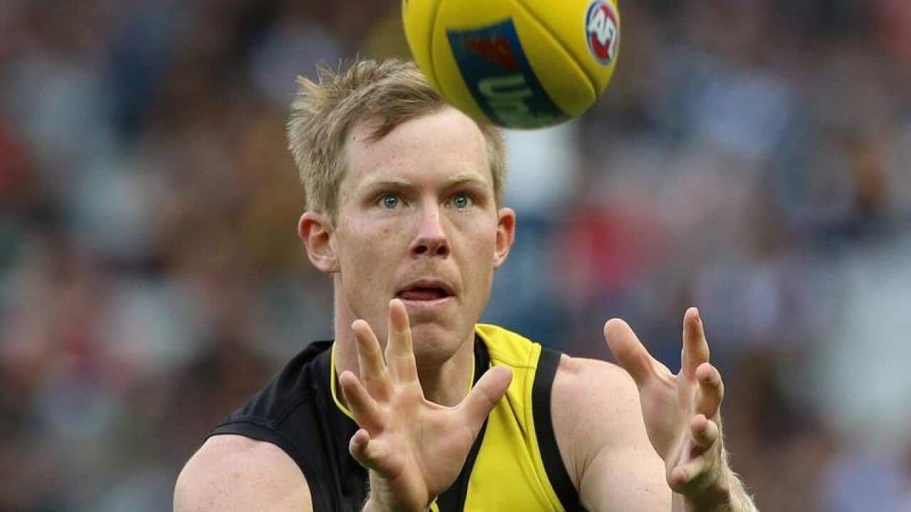 Jack Riewoldt of the Tigers marks during a match against the Magpies.