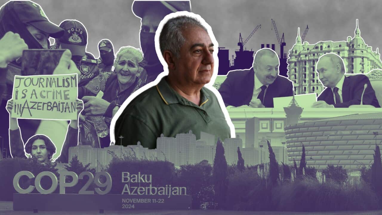 A man in a green shirt standing, looking serious, surrounded by graphics of protesters holding signs reading "Journalism is a crime in Azerbaijan". To the right is images of two men smiling reading document in front of hotel and oil rig. Forefront of image is sign reading "COP29 Baku Azerbaijan".