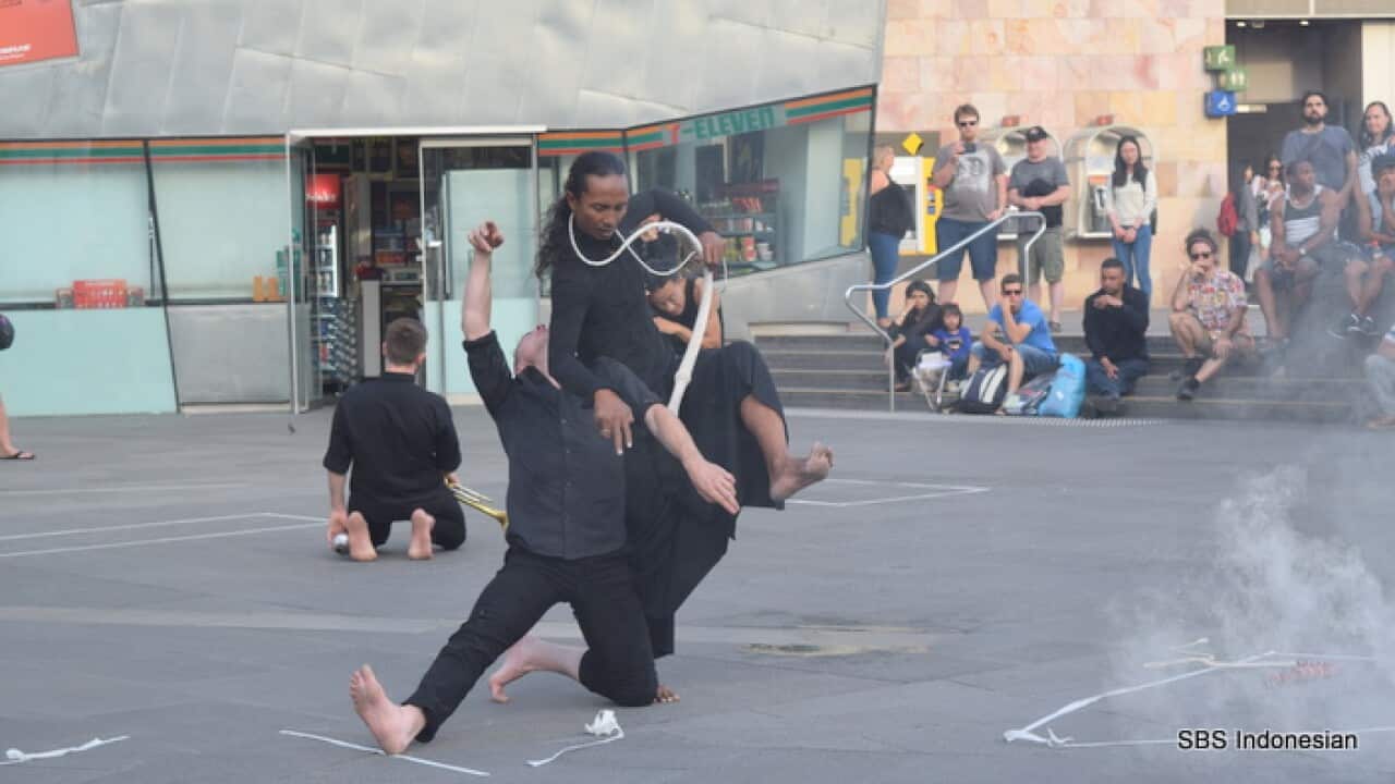 Jaranan performance at Federation Square Melb as a part of Mapping Melbourne 2014.