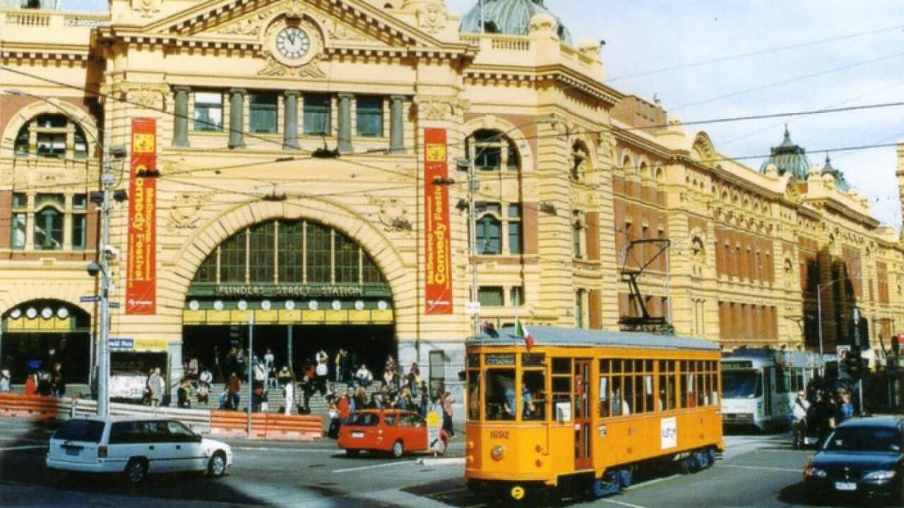 Milano 1928 tram in front of Flinders street station, Melbourne