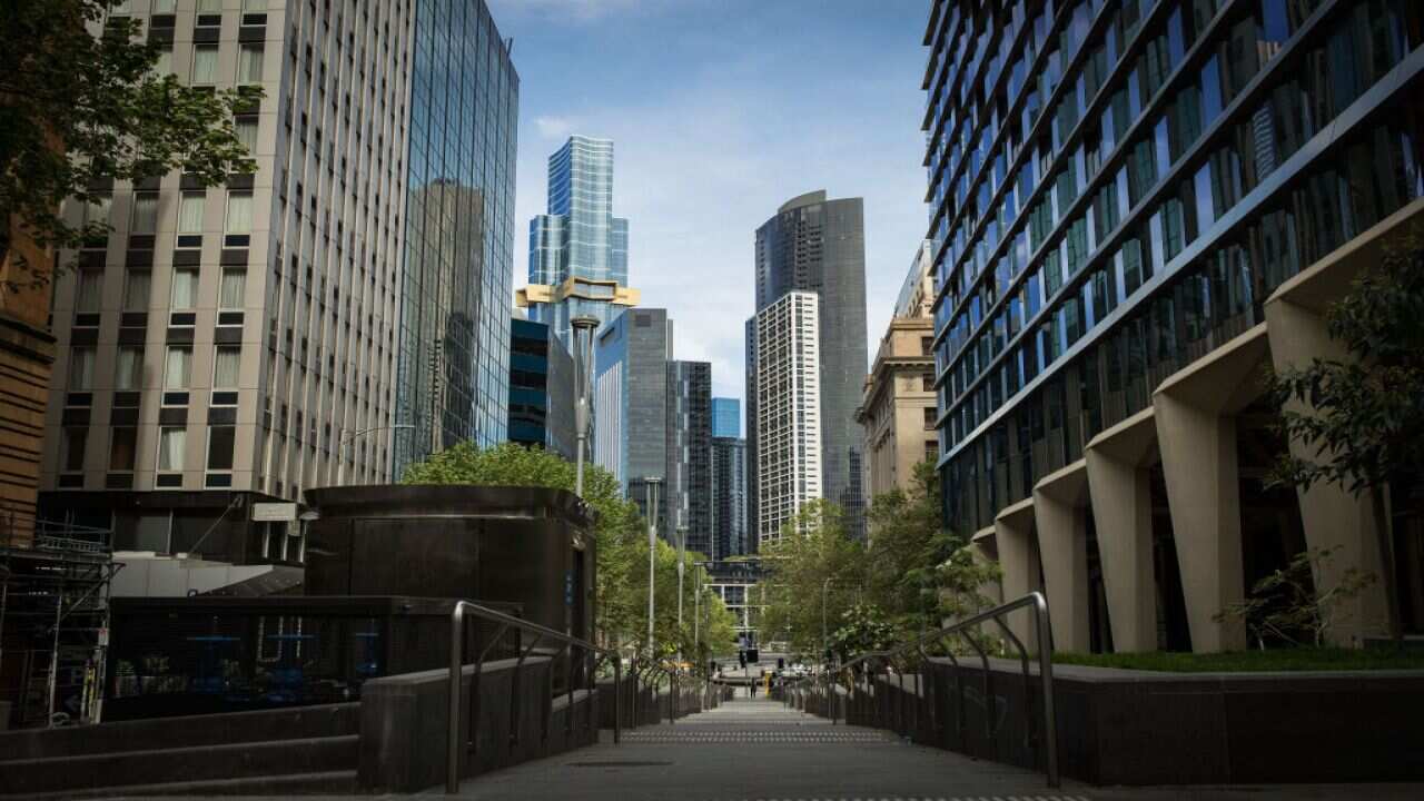 A general view of a quiet Market Street in the city on 6 October, 2021 in Melbourne.
