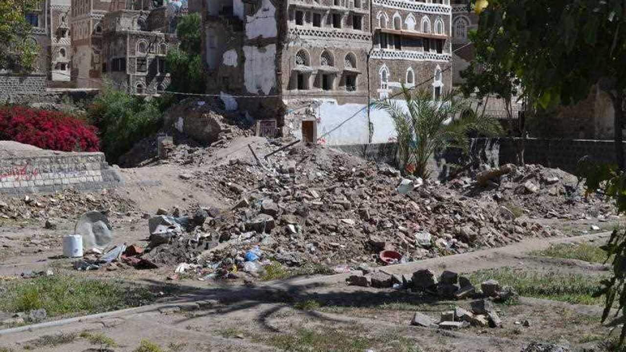 Destroyed or heavily damaged buildings are pictured in the al-Qassemi area of Sanaa Old City on September 29, 2015