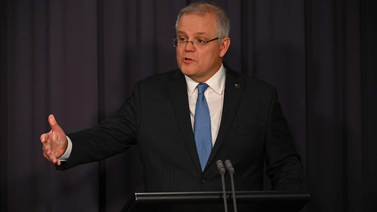 Australian Prime Minister Scott Morrison speaks to the media during a press conference at Parliament House in Canberra, Wednesday, April 29, 2020. (AAP Image/Lukas Coch/Pool)