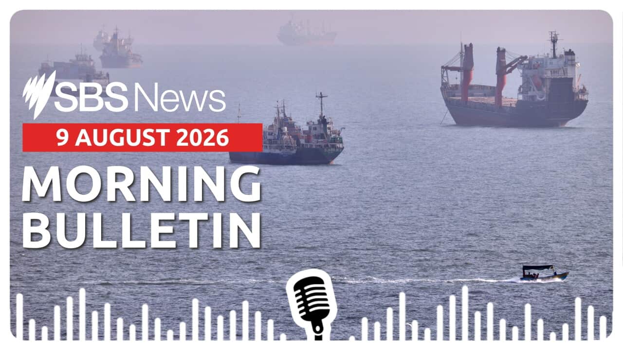 A small boat sails past cargo ships and other commercial vessels anchored in the Strait of Hormuz off Bandar Abbas, Iran on 5 August 2026.