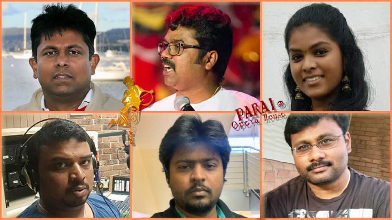 Clockwise from top left: Dr Vijayalayan (TAS), L Annadurai (SA), Gurukanthi Dhinakaran, (NSW), Vijayakumar (WA), Sathyan (VIC), Partheeban (QLD)