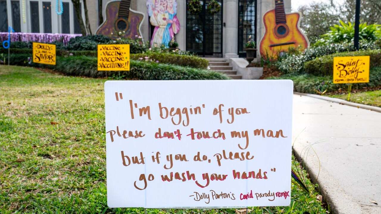 A house is decorated in honor of Dolly Parton in New Orleans