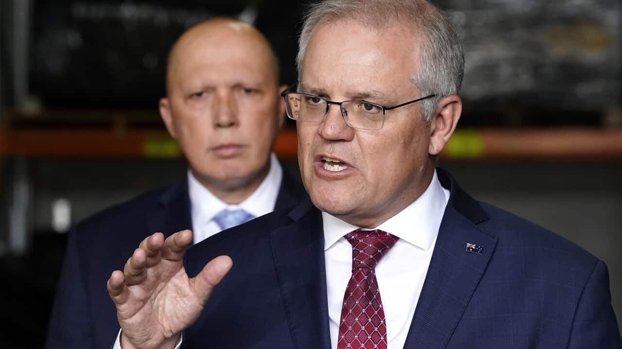 Australian Prime Minister Scott Morrison with federal MP Peter Dutton (L) in October.