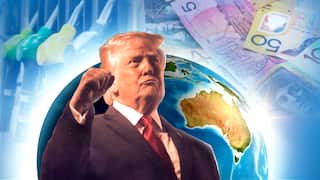 Illustration of Donald Trump in front of a globe centred on Australia, with fuel nozzles and Australian banknotes symbolising the impact of global conflict on fuel prices and the economy.