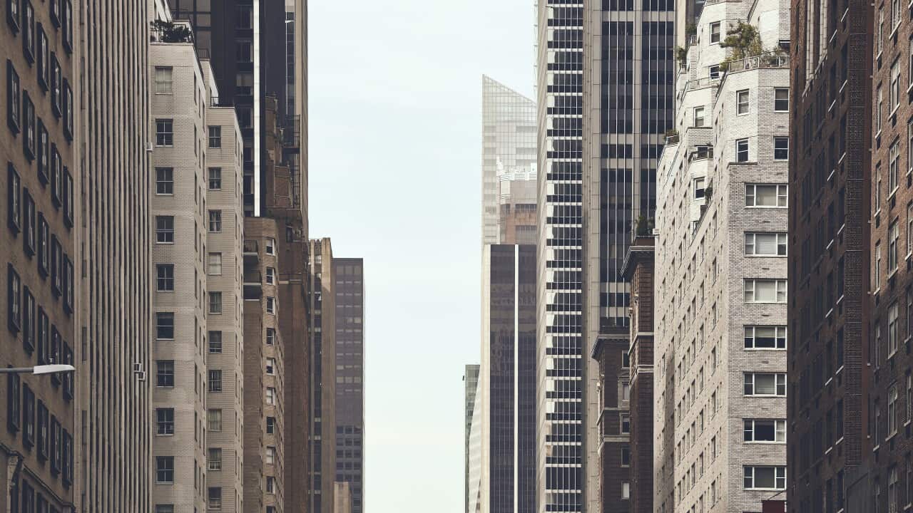Urban canyon in New York City, USA.