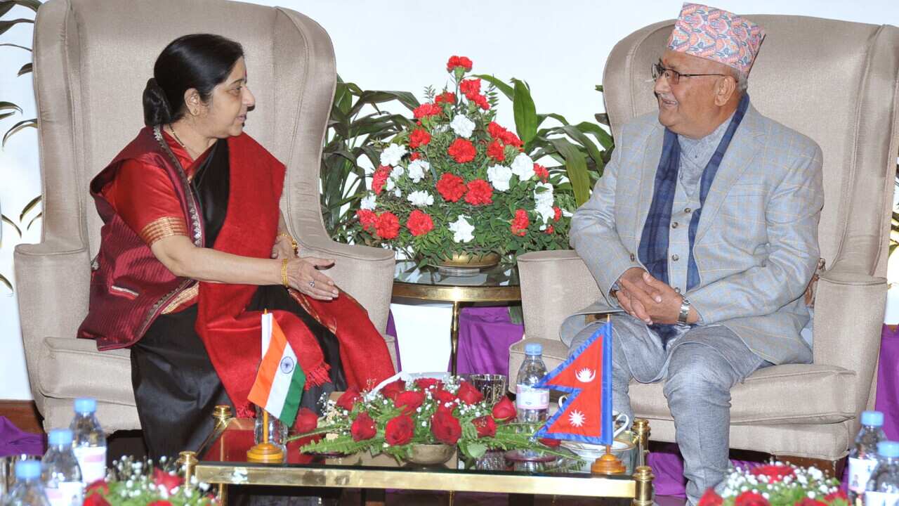 Nepal Communist Party UML's KP Sharma Oli meets India's foreign minister Sushma Swaraj in Kathmandu on February 2018.