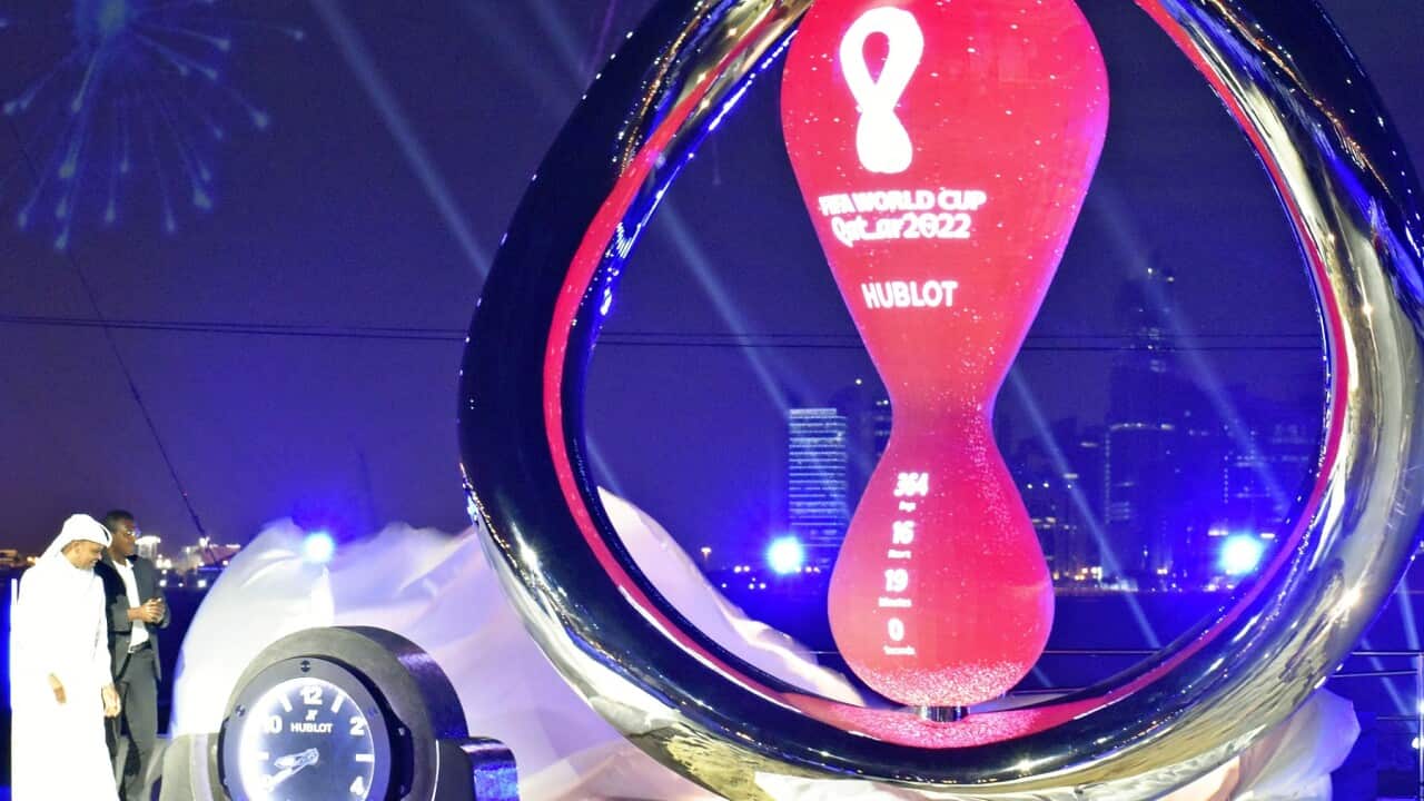 The ceremony to unveil the FIFA World Cup Qatar 2022 Countdown Clock is held in Doha, Qatar on Nov. 21, 2021, one year to the World Cup. It is the first world cup to be held in Mid-East. ( The Yomiuri Shimbun via AP Images )