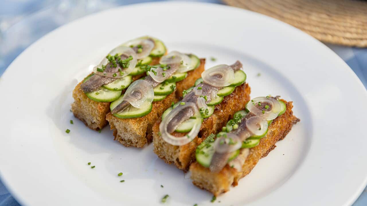 Cucumber and anchovy tartine
