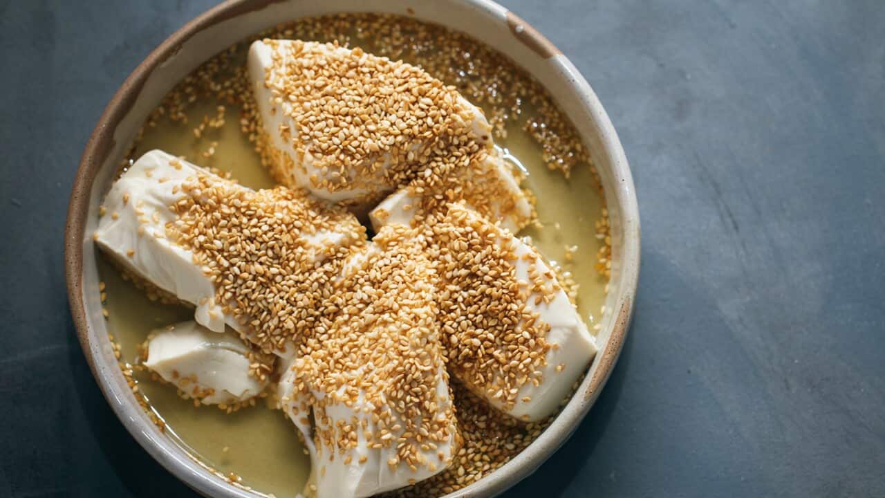 Silken tofu with orange and ginger syrup