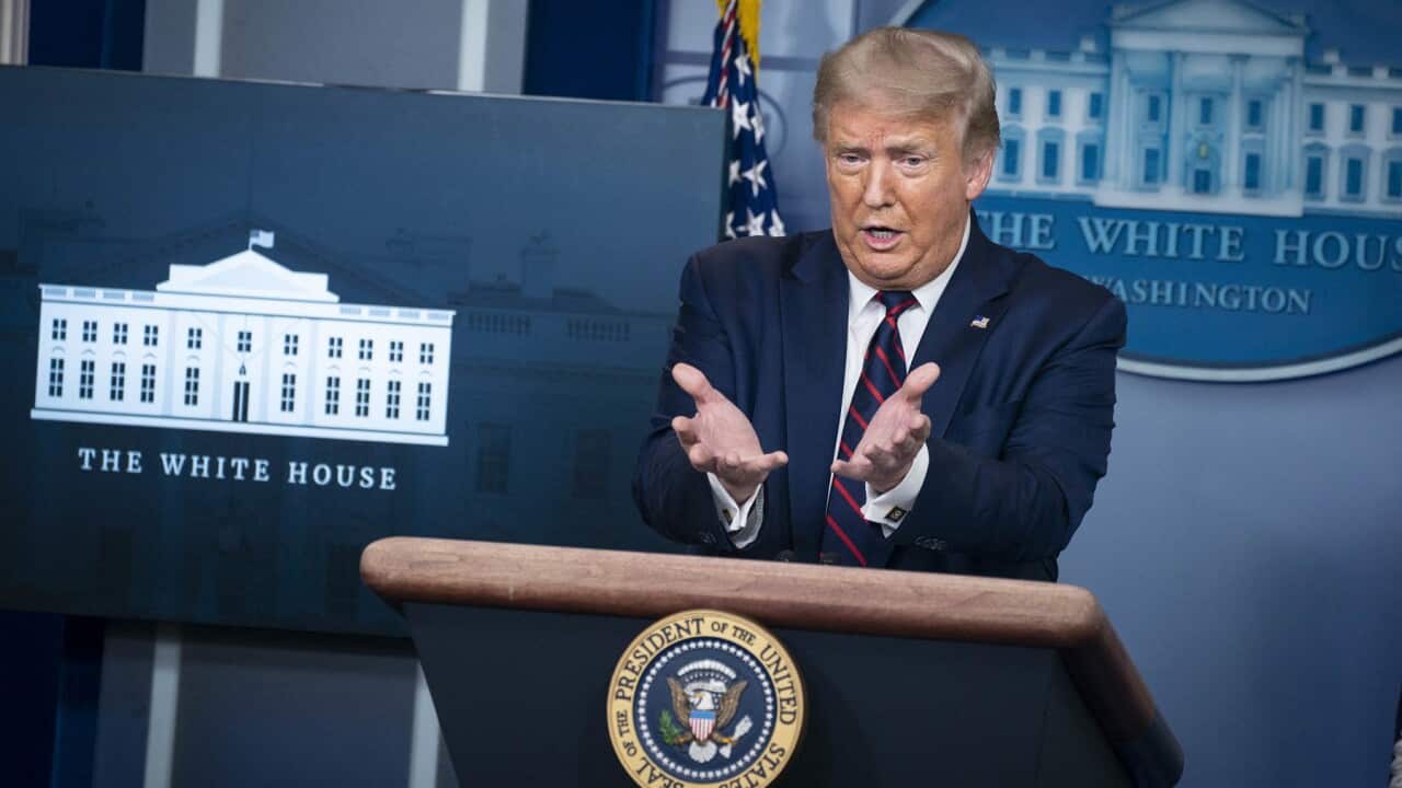 US President Donald Trump briefs media at the White House in Washington, DC