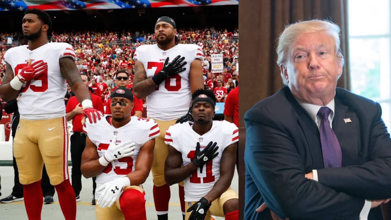 Combination image of members of the San Francisco 49ers kneeling, and US president Donald Trump