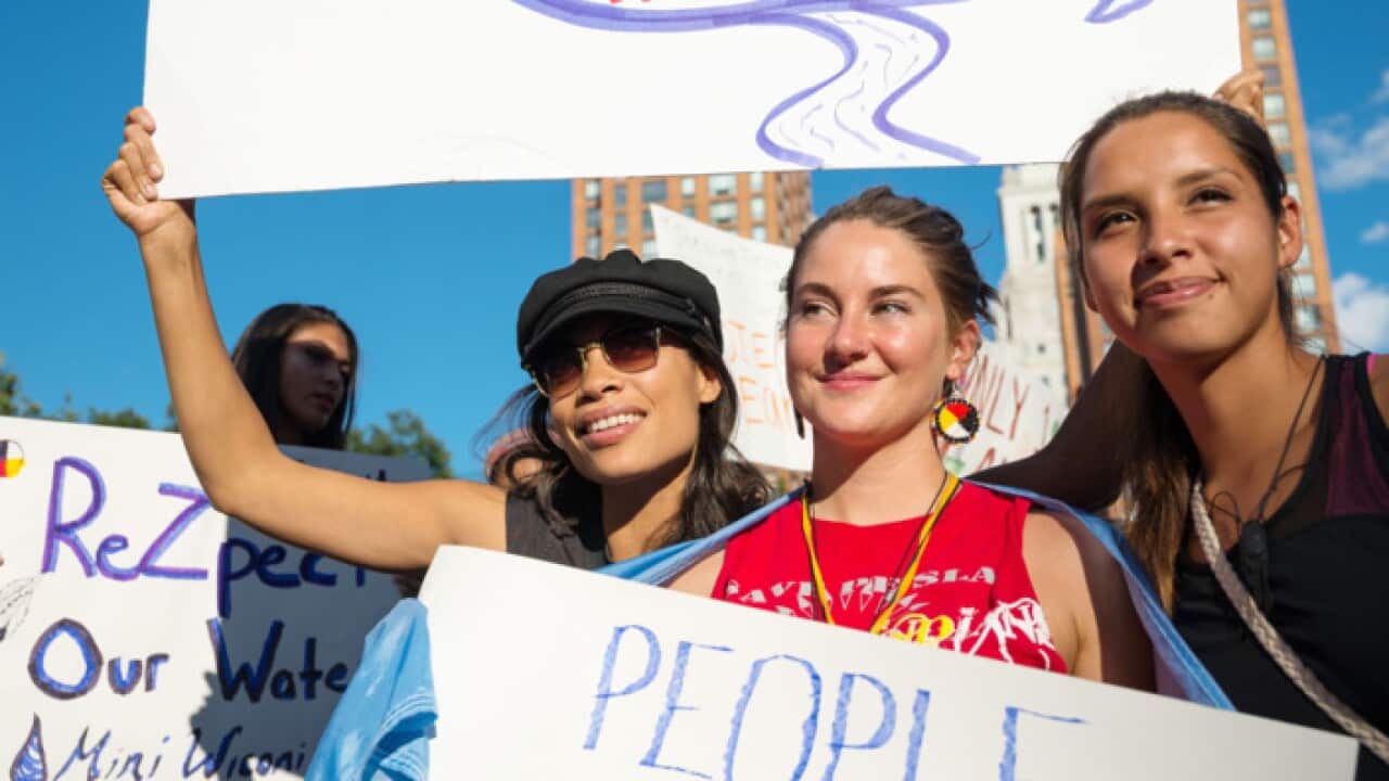 Rosario Dawson and Shailene Woodley protest DAPL in Union Square, New York City (Pacific Press).
