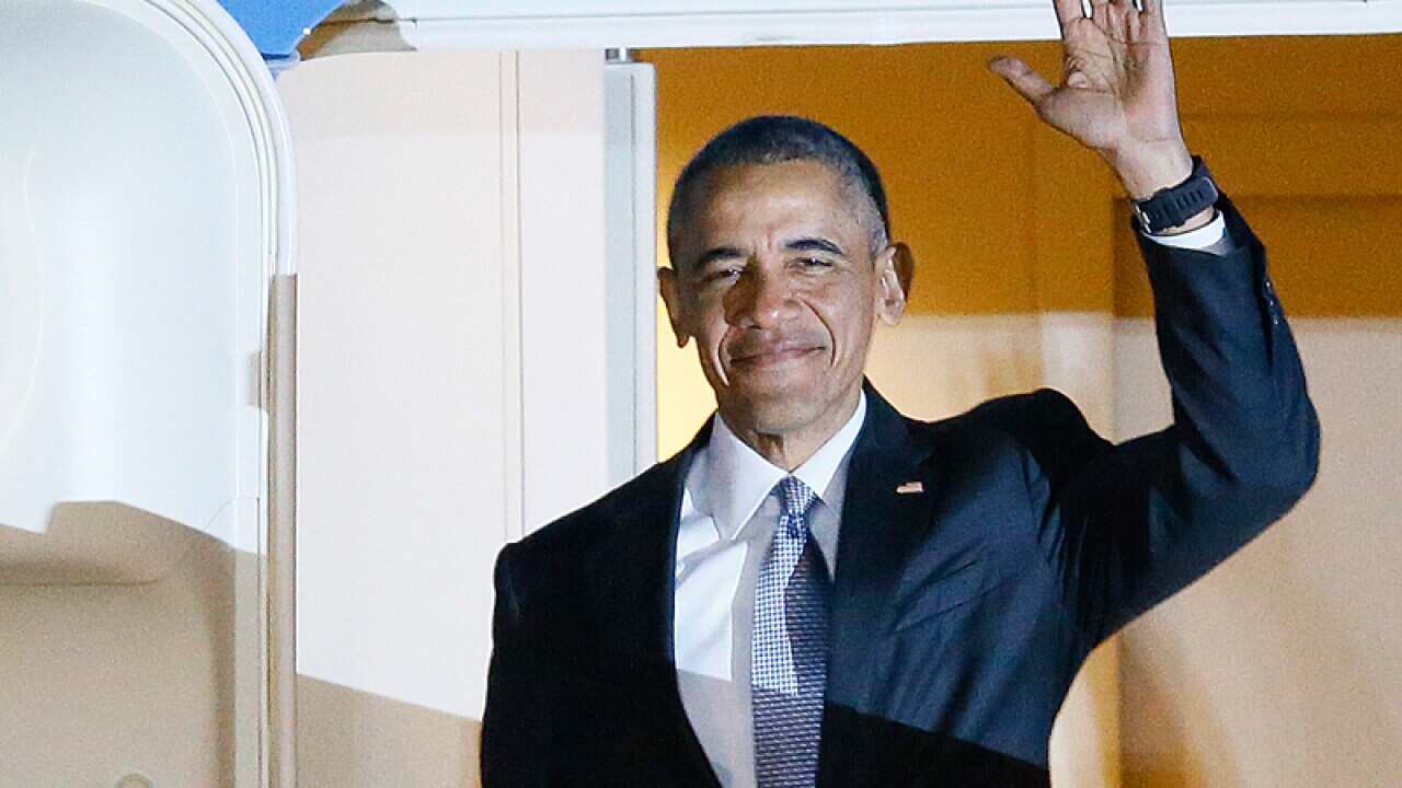 Barack Obama on arrival at Stanstead Airport