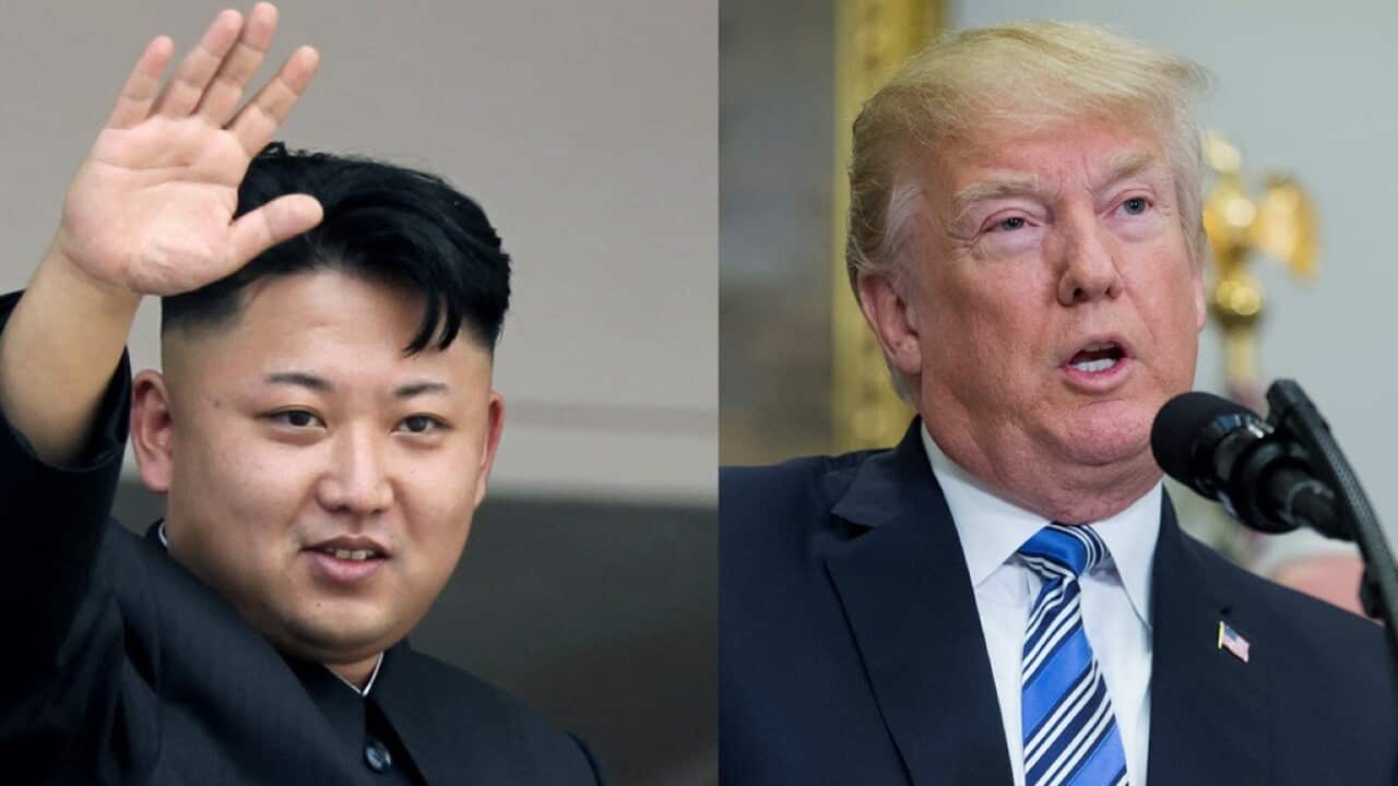North Korean leader Kim Jong-un on left, US President Donald Trump on right