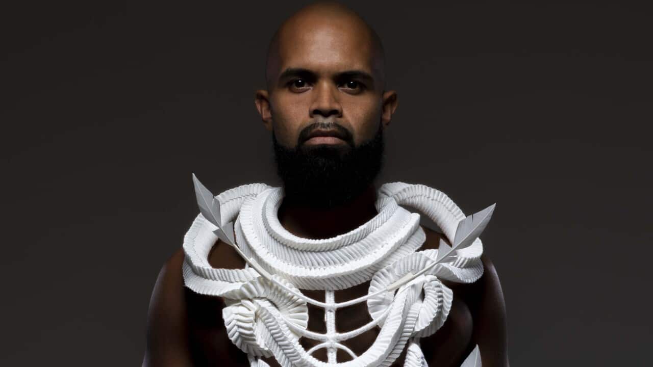 2018/36/1 Sculpture, 'Enlightenment', cotton webbing / timber cane / goose feathers / cotton and wool thread, designed and made by Grace Lillian Lee, Cairns, Australia, 2017Worn by Bangarra Dancer Luke Currie-Richardson