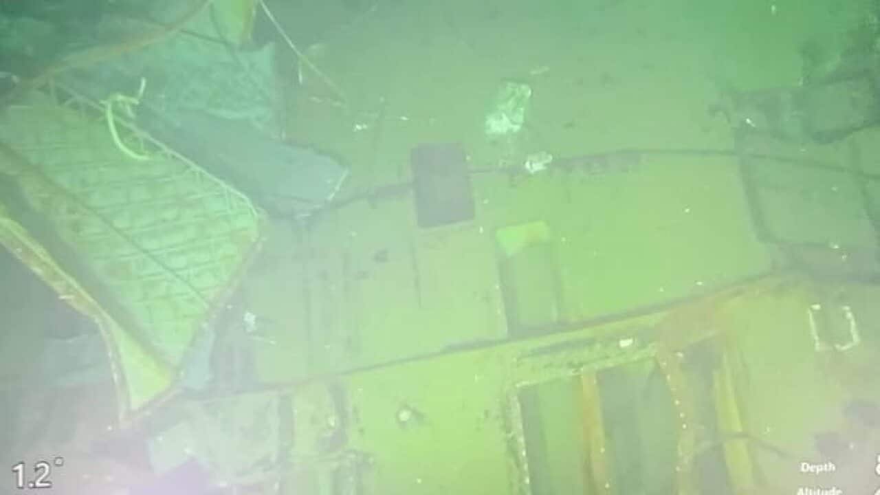A handout image made available by the Indonesian Navy from video recorded from ROV of the sunk Indonesian Navy submarine KRI Nanggala.