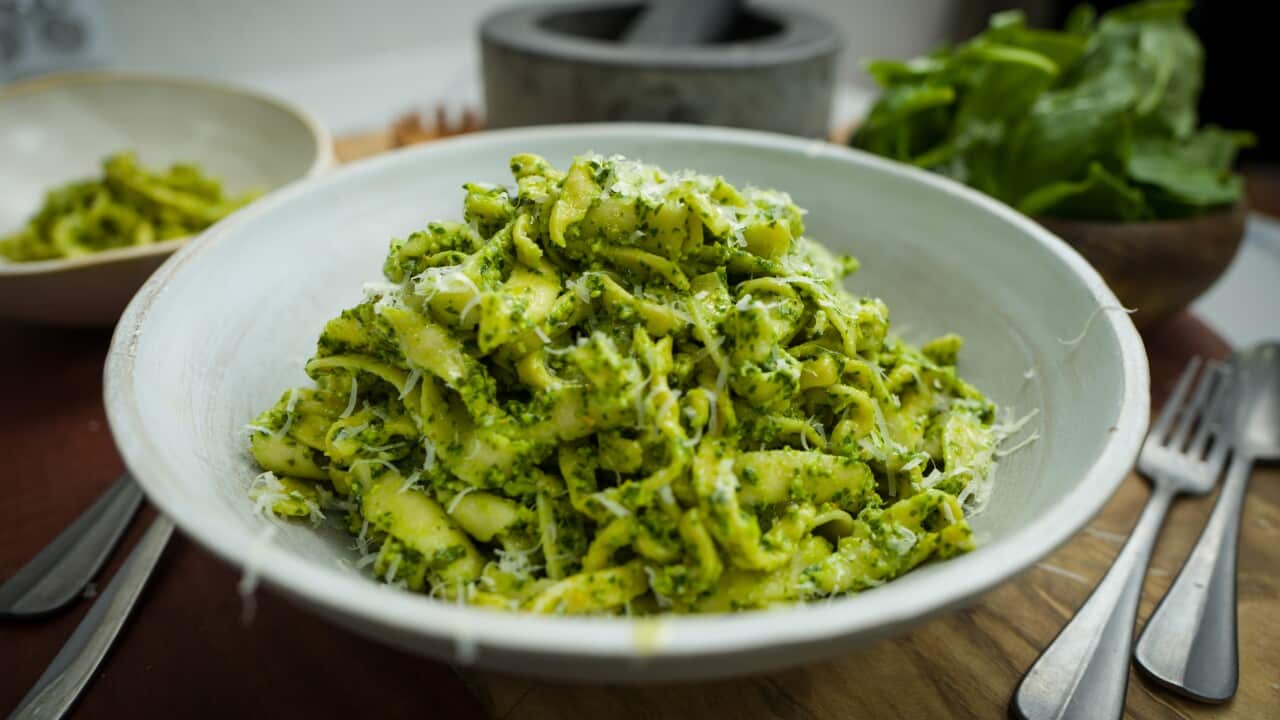Fresh pasta with warrigal pesto