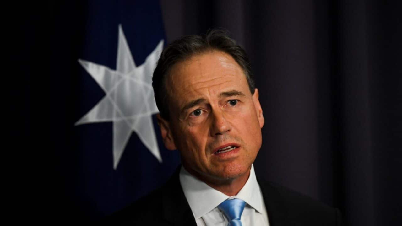 Health Minister Greg Hunt speaks to the media during a press conference at Parliament House in Canberra, Monday, February 15, 2021