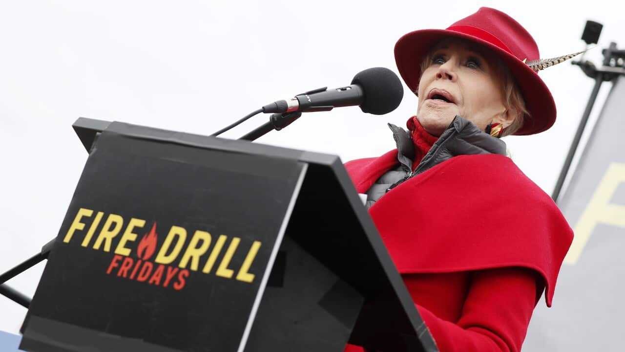 Veteran activist and actor Jane Fonda addresses a climate rally at the US Capitol.