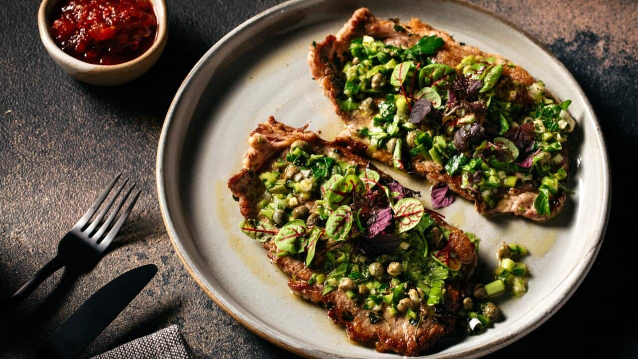 Seared sirloin with fresh green salsa and kumato chilli jam