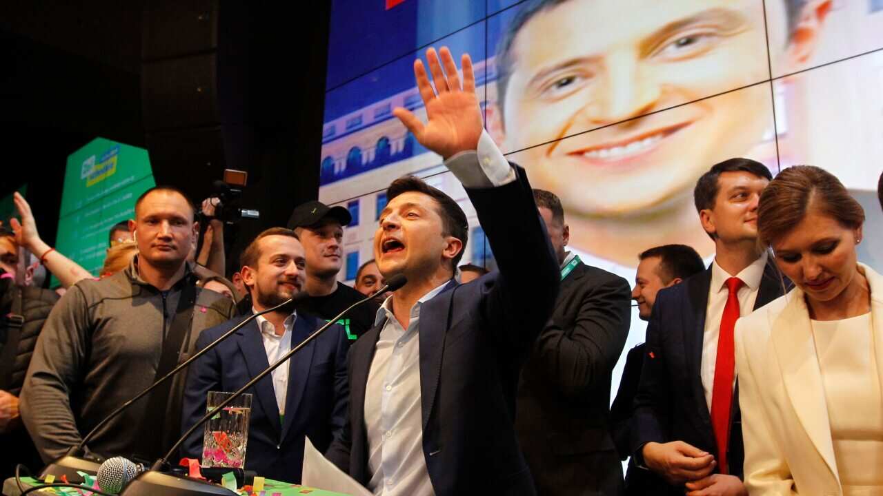 Ukrainian comedian and presidential candidate Volodymyr Zelensky reacts at his campaign headquarters following a presidential elections in Kiev, Ukraine.