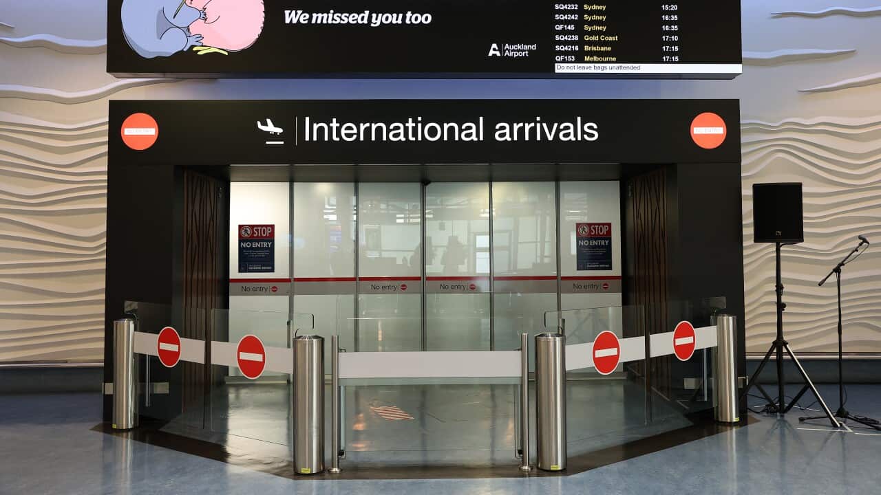 Signs welcome travelers back to New Zealand at Auckland International Airport on 19 April , 2021 in Auckland, New Zealand.