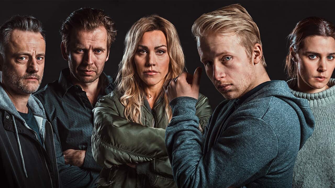 A dark stylised image shows five people, three men and two women.