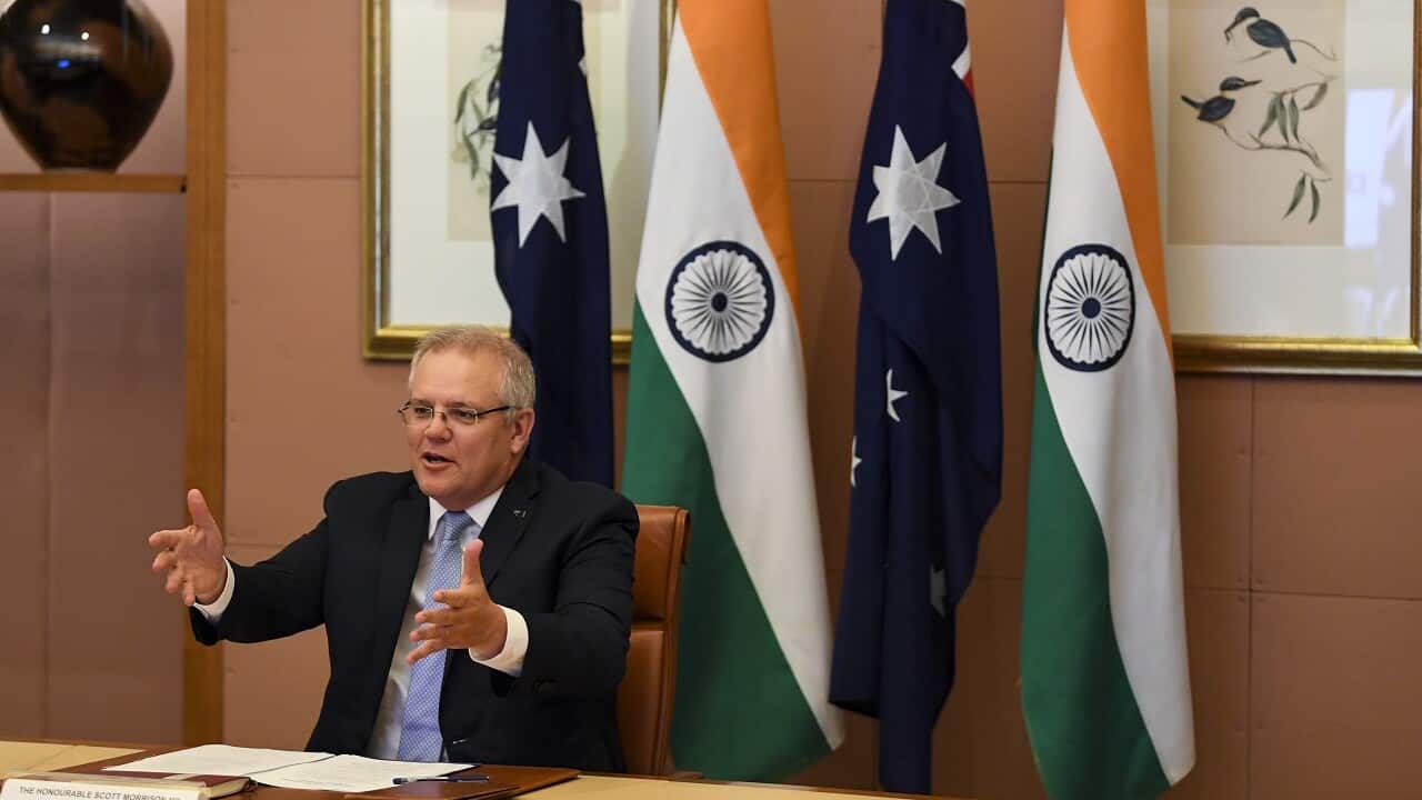 Australian Prime Minister Scott Morrison speaks to Indian Prime Minister Narendra Modi during the 2020 Virtual Leaders Summit between Australia and India at Parliament House in Canberra, Thursday, June 4, 2020. (AAP Image/Lukas Coch) NO ARCHIVING