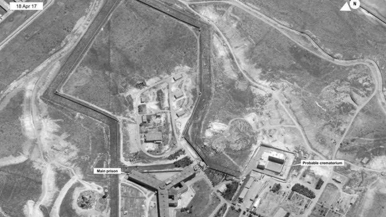 A satellite image of what the US State Department described as a building in a prison complex in Syria that was modified to support a crematorium.