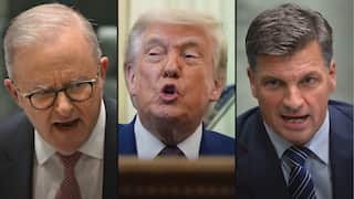Three suited men speaking intensely in a side-by-side political news image.