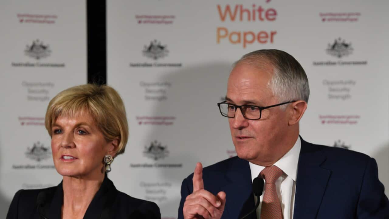 Julie Bishop and Malcolm Turnbull at the Foreign Policy White Paper launch in Canberra (AAP)