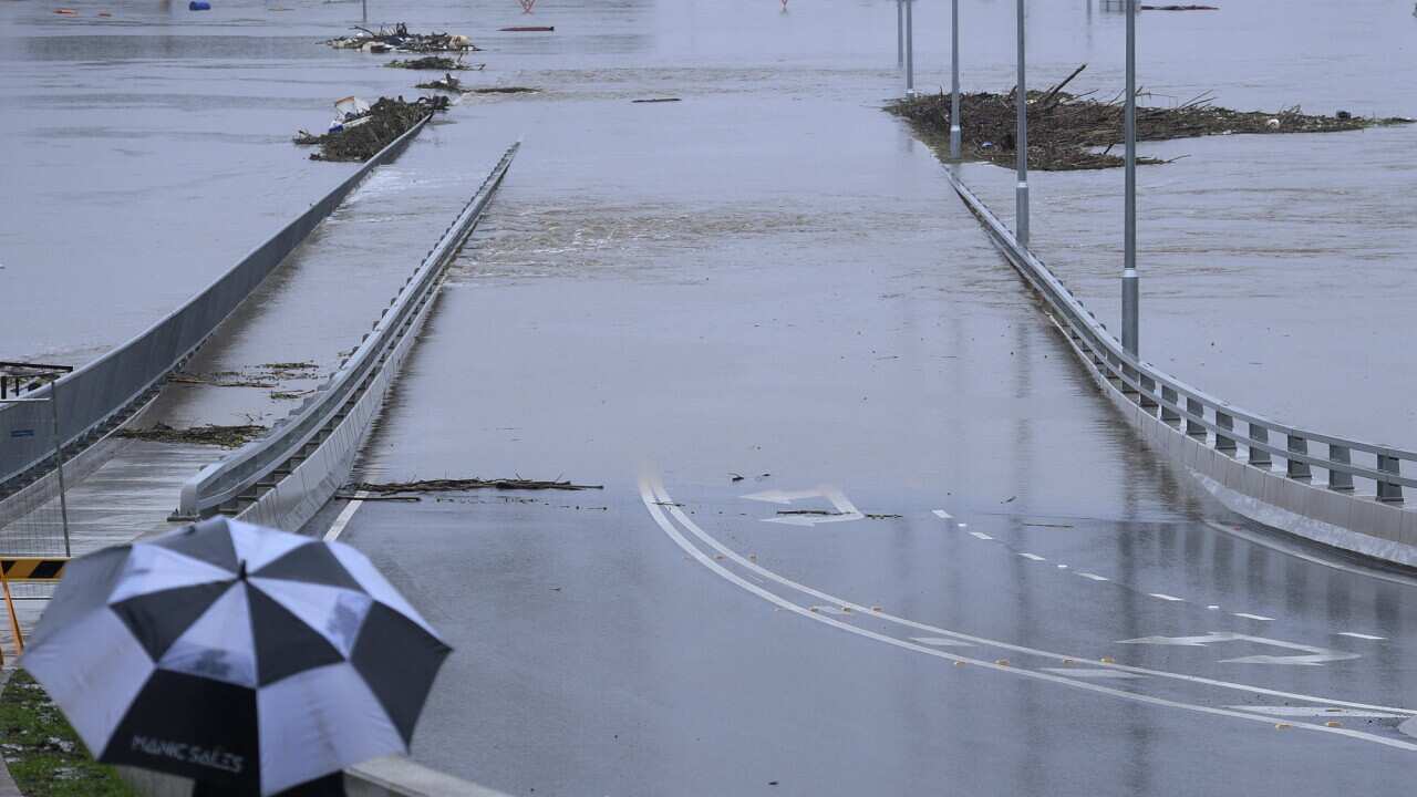 The New Windsor Bridge is seen inundated by flood waters from the Hawkesbury River at Windsor in the north west of Sydney, Monday, March 22, 2021.