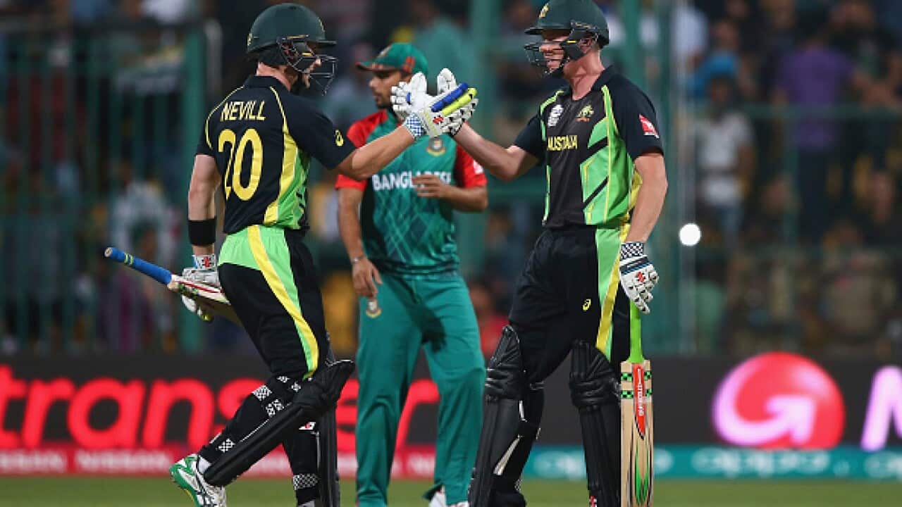 Peter Nevill and James Faulkner of Australia celebrate after Faulkner hit the winning runs