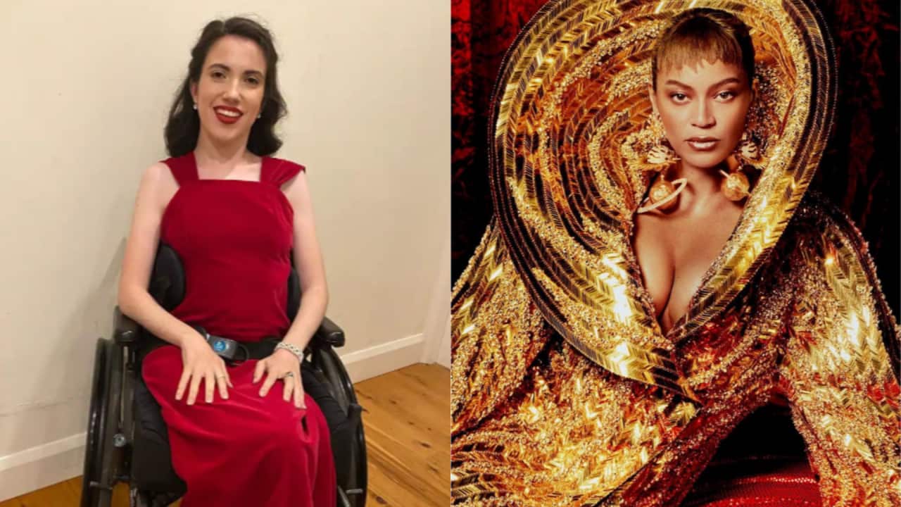 Composite image of Hannah Diviney in a red dress in a wheelchair on the left, and Beyoncé on the right in a gold outfit.