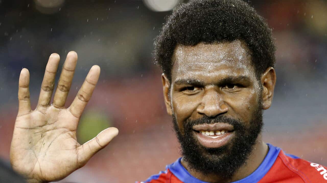 Edrick Lee of the Knights scored five tries during the NRL Round 16 match between the Newcastle Knights and the Gold Coast Titans at McDonald Jones Stadium in Newcastle, Friday, July 1, 2022. (AAP Image/Darren Pateman) NO ARCHIVING, EDITORIAL USE ONLY